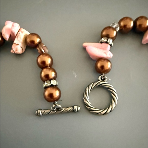 Pink Natural Gemstone Chocolate Colored Faux Pearl Necklace - Picture 6 of 7